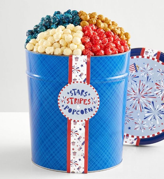 Red Pop and Blue 2 Gallon 3 Flavor Popcorn Tin